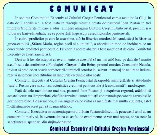 Vladimir Pustan sancţionat din nou de Cultul Penticostal Vladimir Pustan sancţionat din nou de Cultul Penticostal