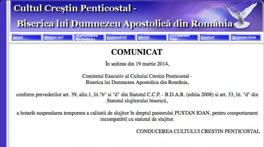 Comunicat Cultul Penticostal: Vladimir Pustan suspendat